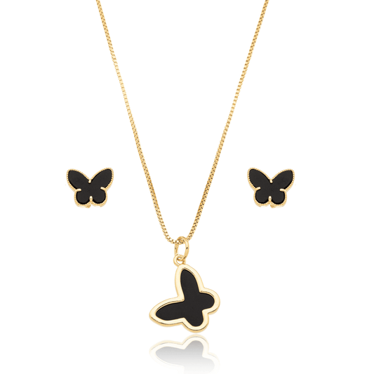 Conjunto de brinco e gargantilha de borboleta com acrílico banhado a ouro 18k