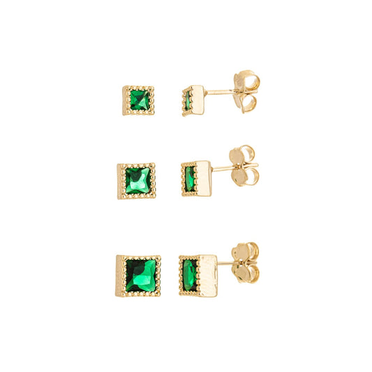 Trio de brincos quadrados banhado a ouro 18k