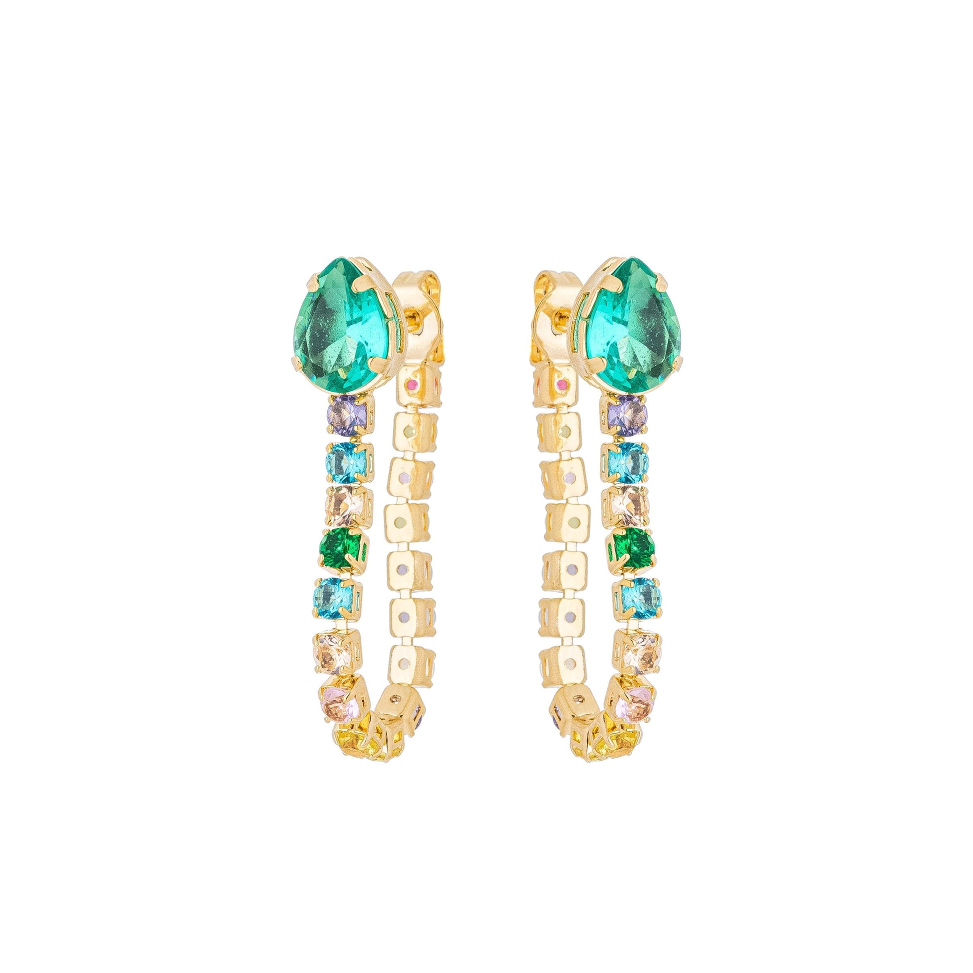 Brinco gota com riviera colorida banhado a ouro 18k - Biju & Cia.