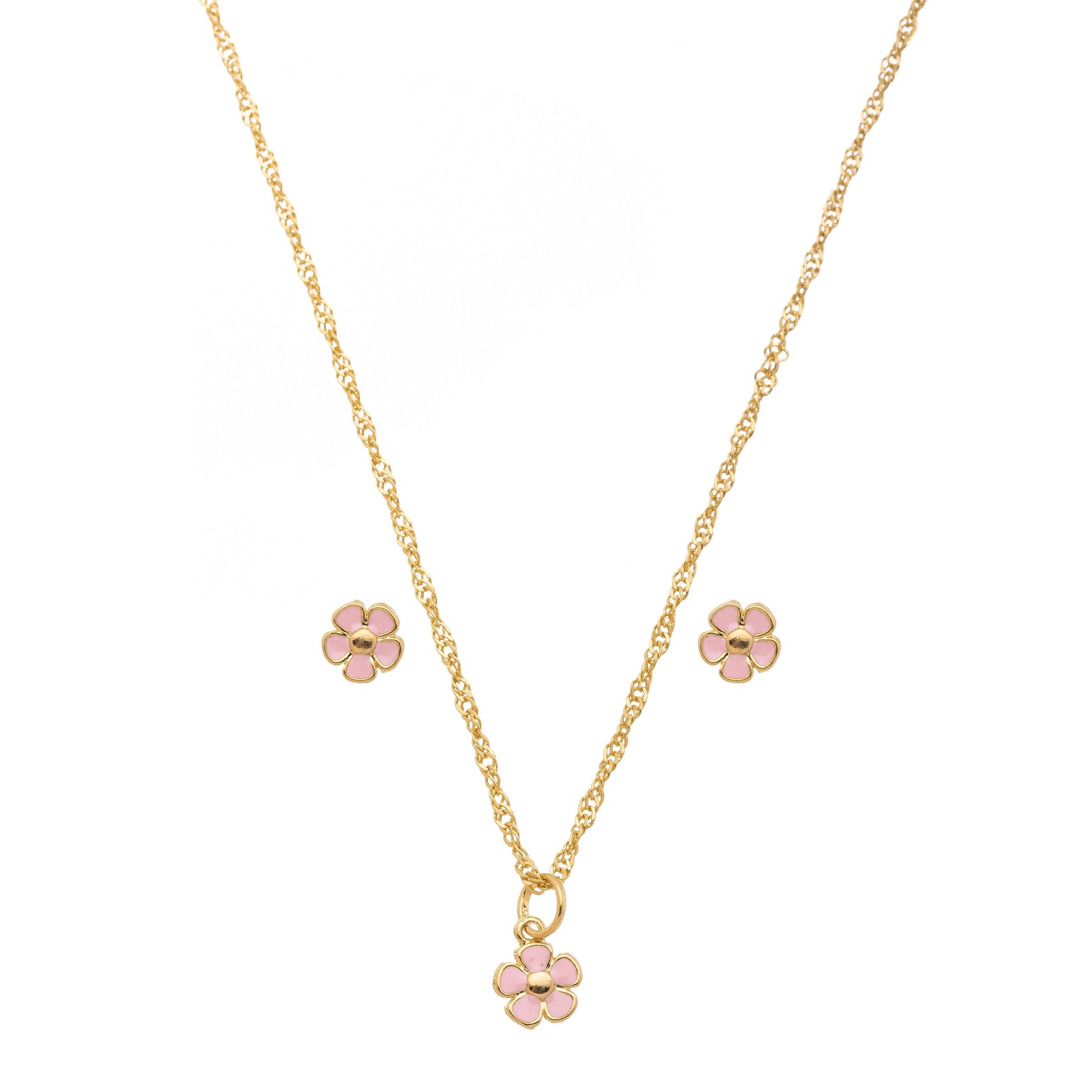 Conjunto infantil de flor resinada banhado a ouro 18k - Biju & Cia.