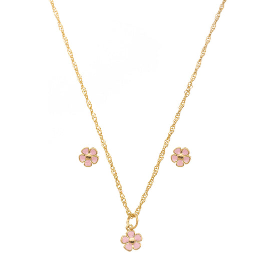Conjunto infantil de flor resinada banhado a ouro 18k - Biju & Cia.