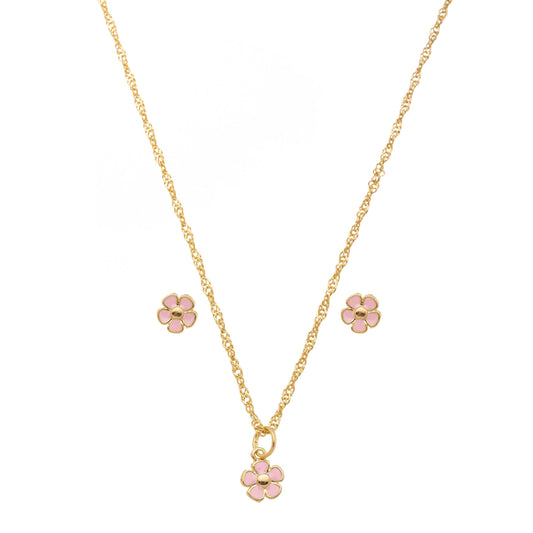 Conjunto infantil de flor resinada banhado a ouro 18k - Biju & Cia.