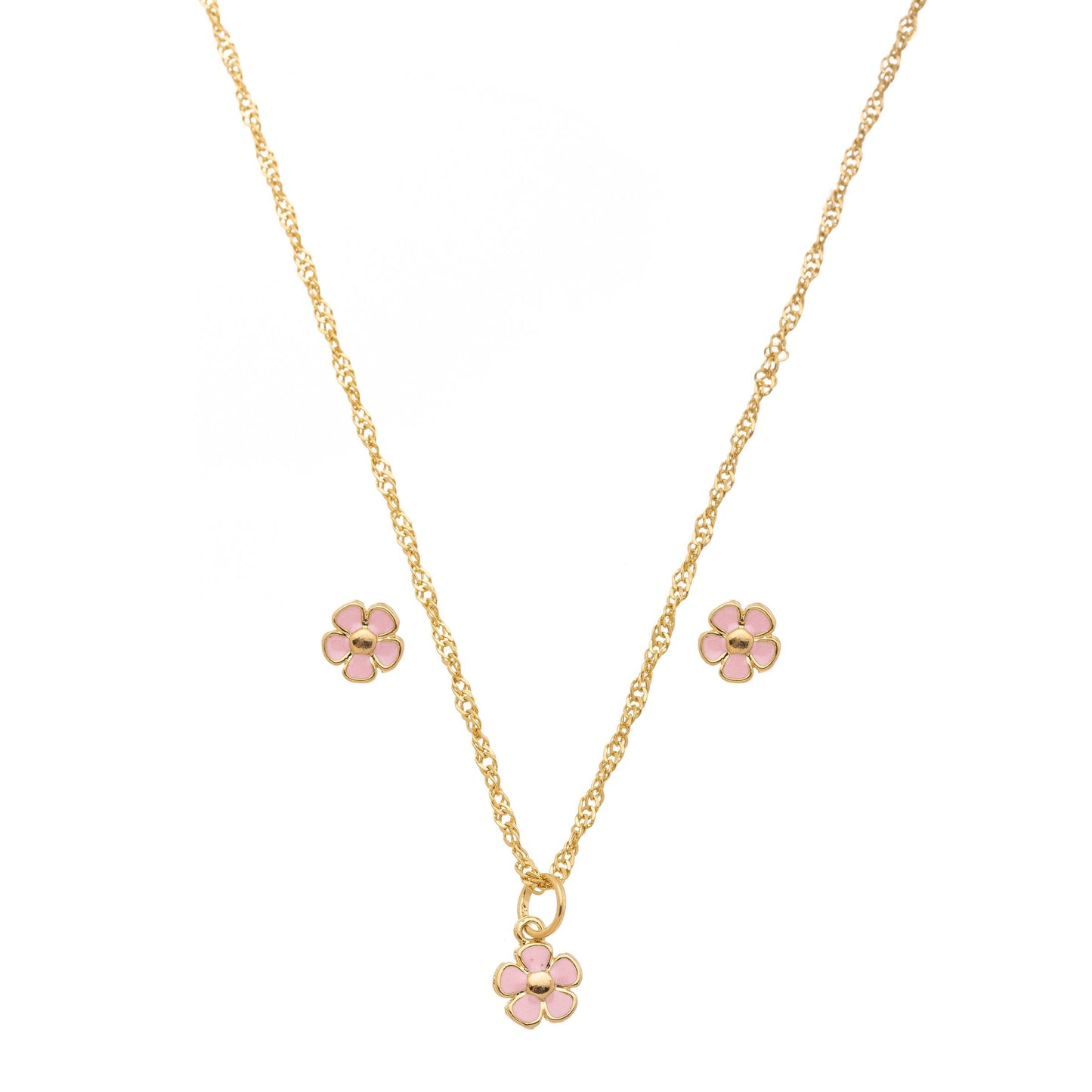Conjunto infantil de flor resinada banhado a ouro 18k - Biju & Cia.