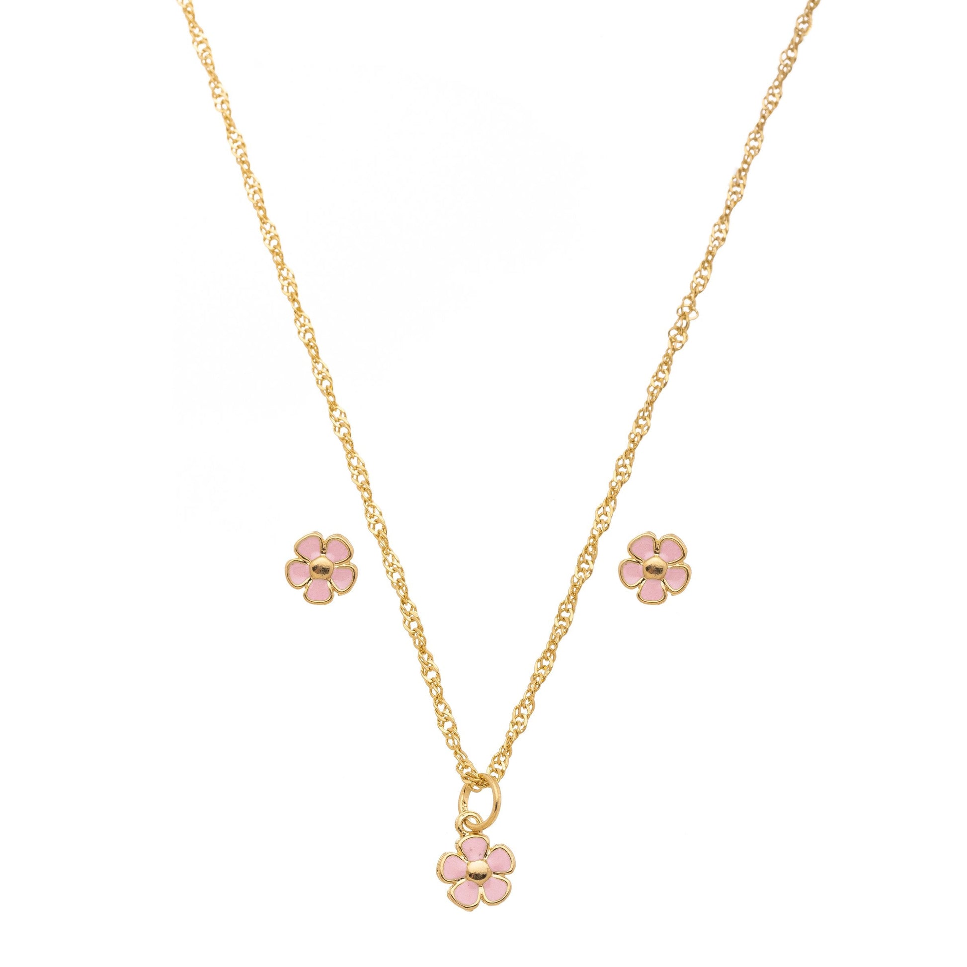 Conjunto infantil de flor resinada banhado a ouro 18k - Biju & Cia.