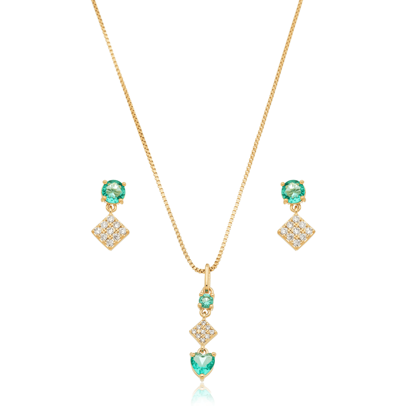Conjunto de brinco e gargantilha de pedra com zircônias banhado a ouro 18k - Biju & Cia.