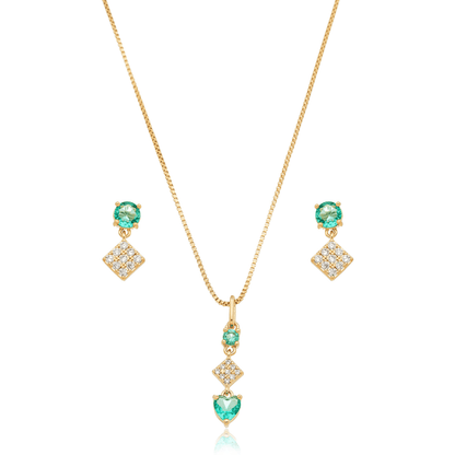 Conjunto de brinco e gargantilha de pedra com zircônias banhado a ouro 18k - Biju & Cia.