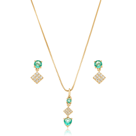 Conjunto de brinco e gargantilha de pedra com zircônias banhado a ouro 18k - Biju & Cia.
