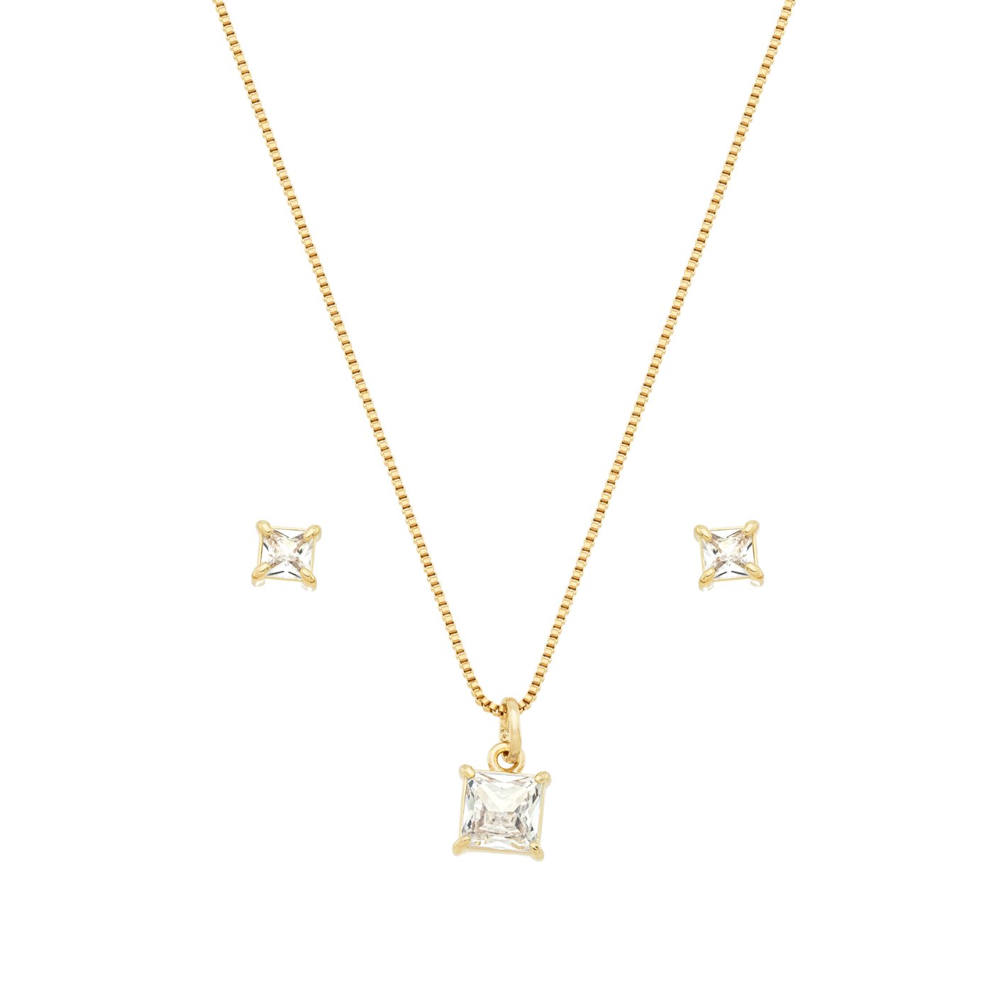 Conjunto quadrado de zircônia banhado a ouro 18k