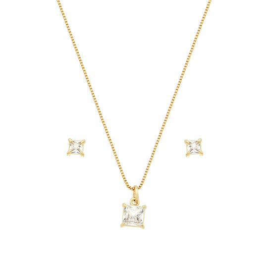 Conjunto quadrado de zircônia banhado a ouro 18k