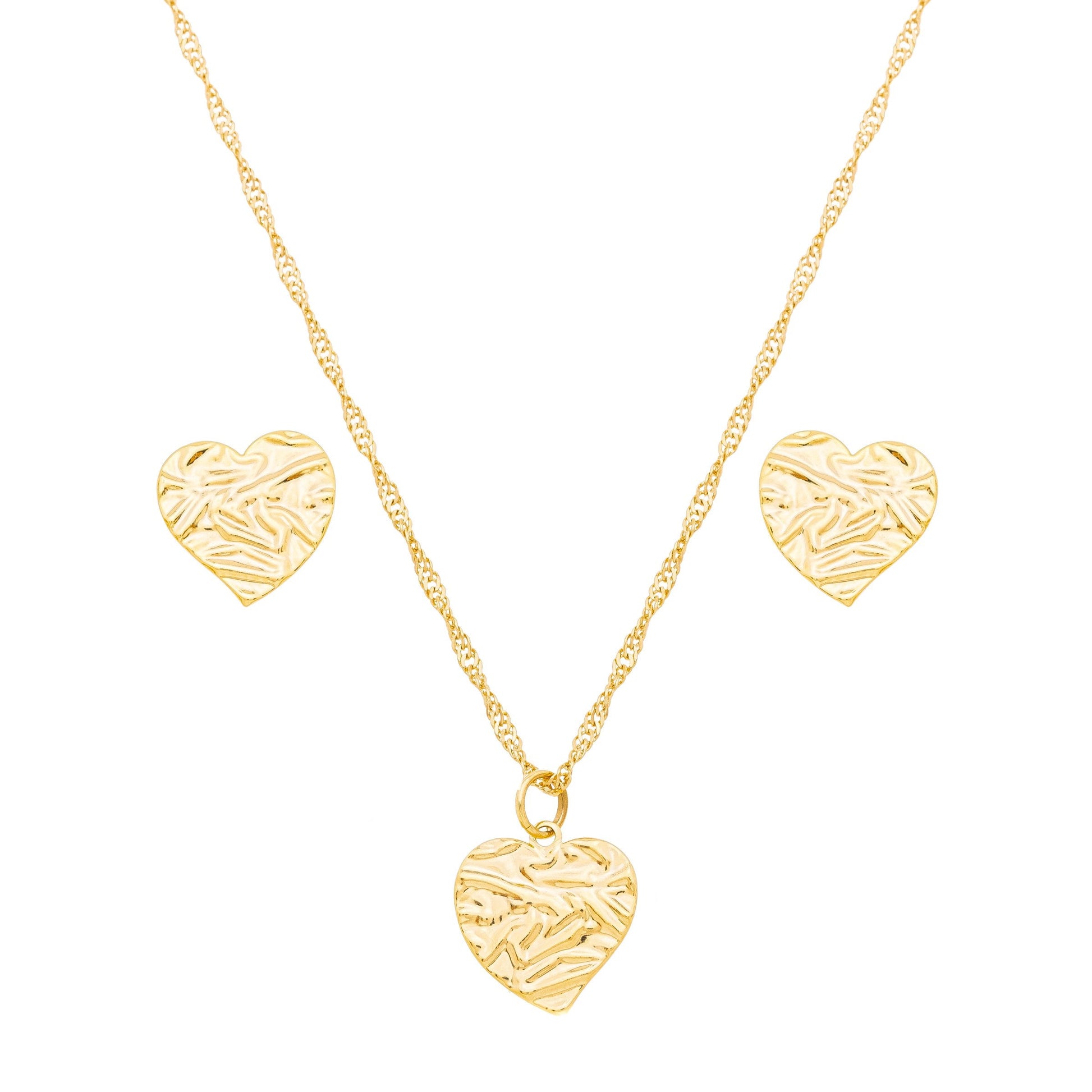 Conjunto de coração com textura banhado a ouro 18k - Biju & Cia.