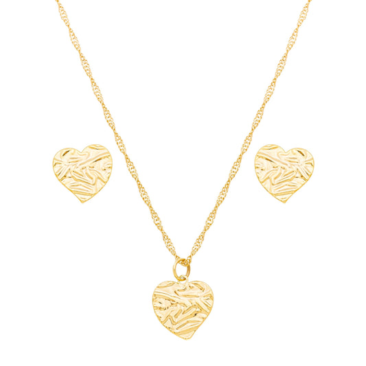 Conjunto de coração com textura banhado a ouro 18k - Biju & Cia.