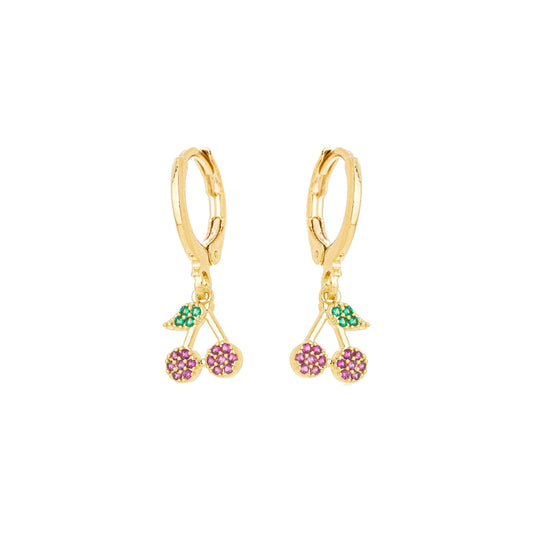Brinco de argola articulada com pingente de cereja cravejada banhado a ouro 18k - Biju & Cia.
