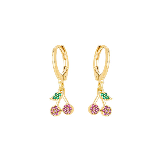 Brinco de argola articulada com pingente de cereja cravejada banhado a ouro 18k - Biju & Cia.