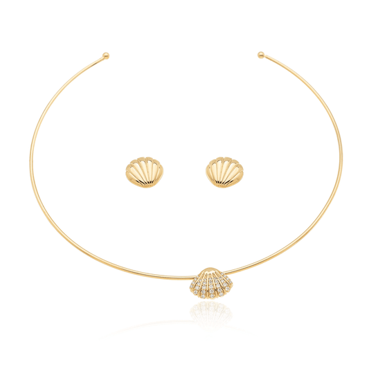 Conjunto de brinco e choker em formato de concha banhado a ouro 18k - Biju & Cia.