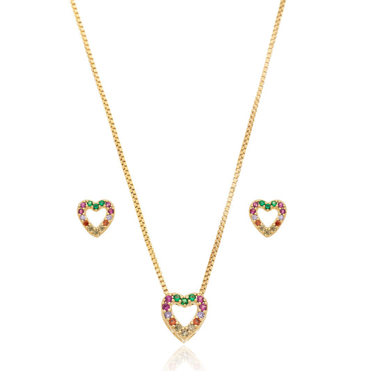 Conjunto de brinco e gargantilha de coração com zircônias coloridas banhado a ouro 18k