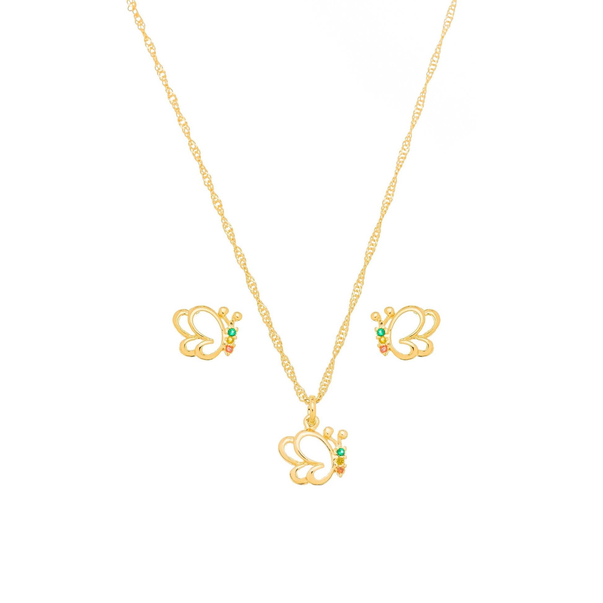 Conjunto Borboleta com pedras coloridas banhado a ouro 18k - Biju & Cia.