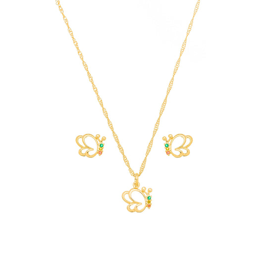 Conjunto Borboleta com pedras coloridas banhado a ouro 18k - Biju & Cia.