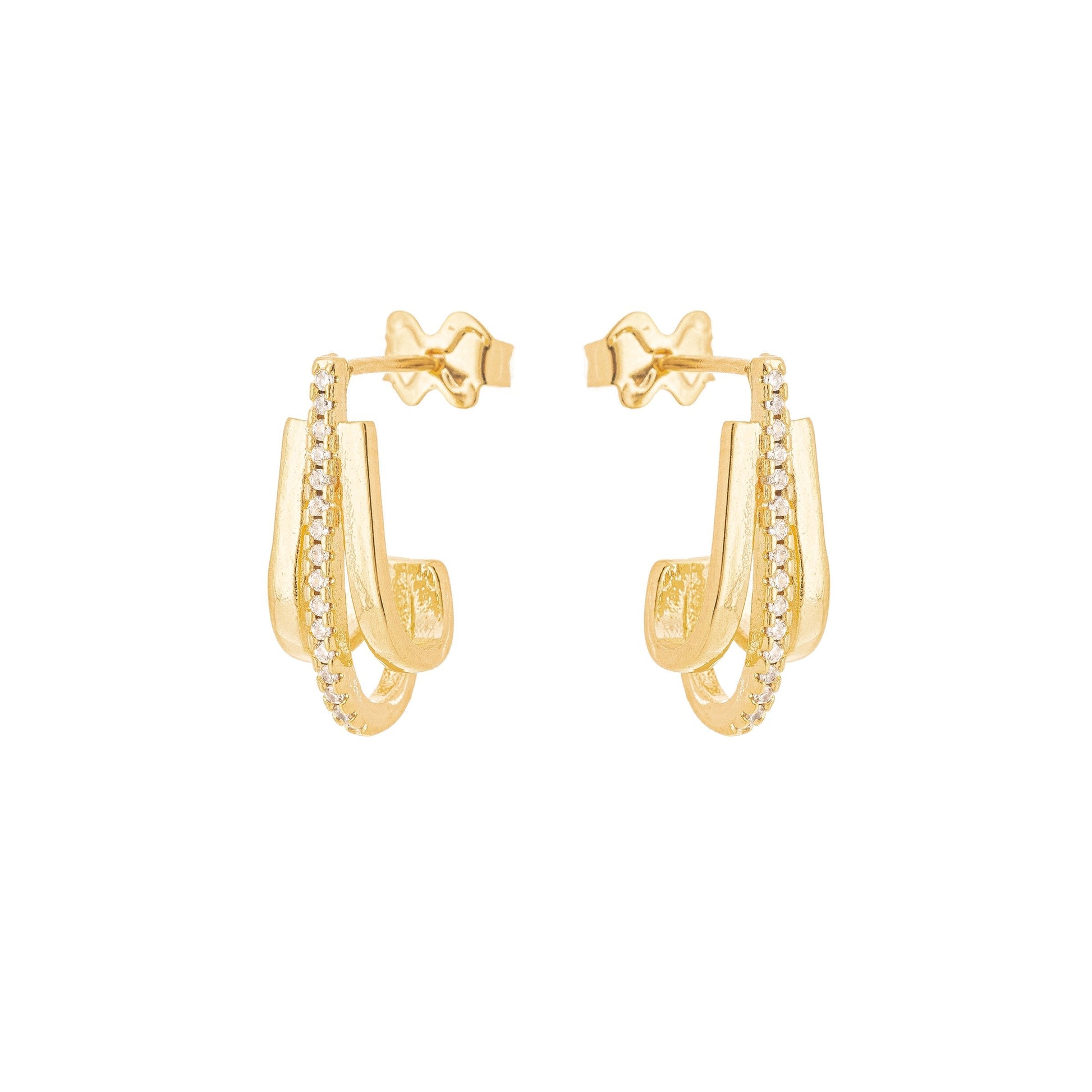 Brinco meia argola com zircônias banhado a ouro 18k - Biju & Cia.