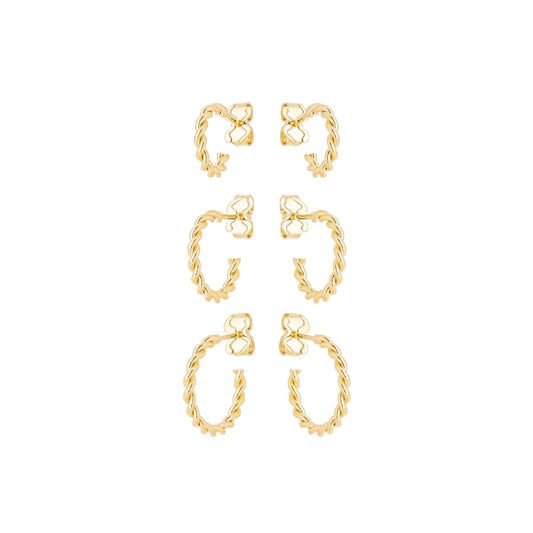 Trio de brincos de argola de fio torcido banhado a ouro 18k - Biju & Cia.