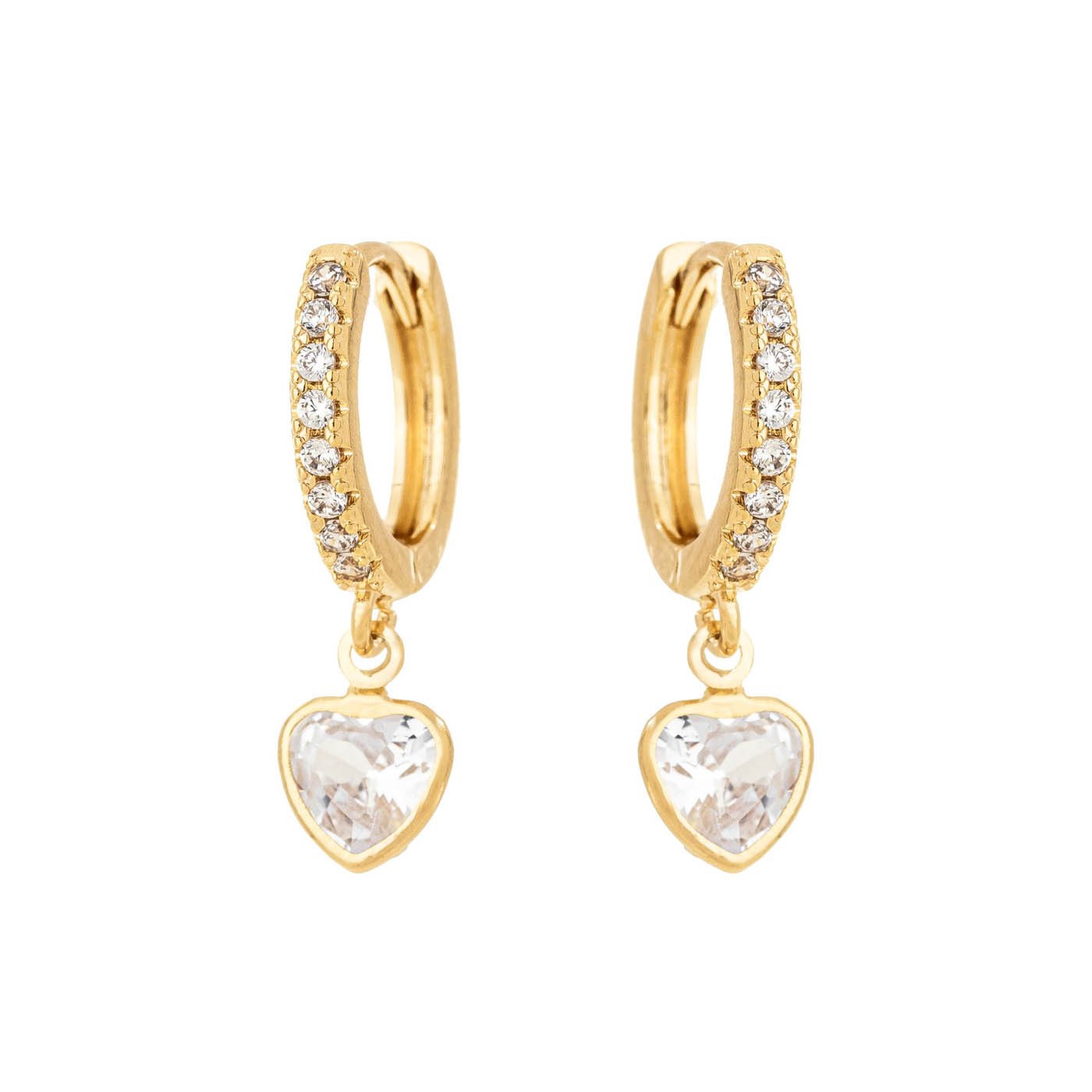 Brinco de argola articulada de zircônias com pingente de coração banhado a ouro 18k - Biju & Cia.