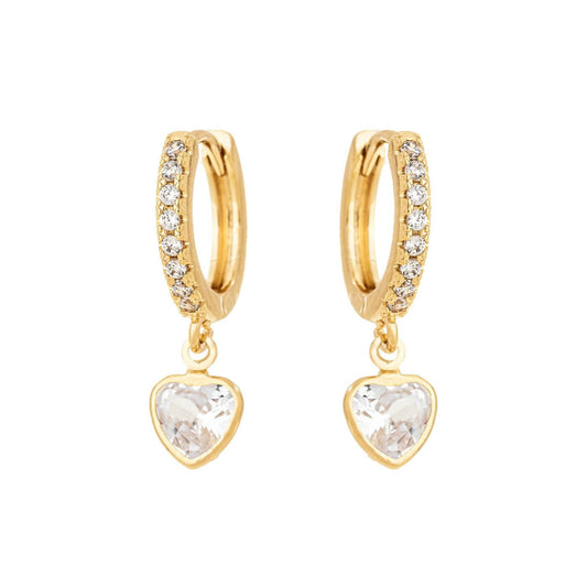 Brinco de argola articulada de zircônias com pingente de coração banhado a ouro 18k - Biju & Cia.