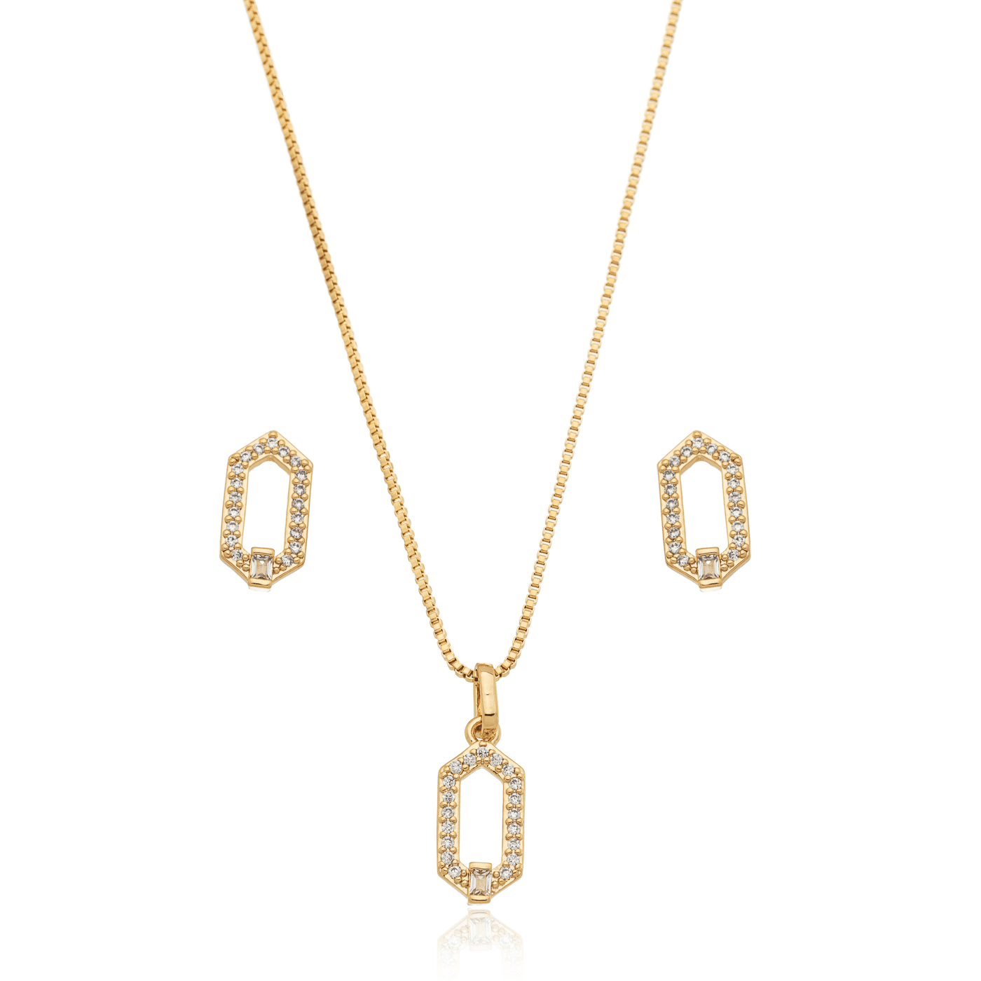 Conjunto de brinco e gargantilha hexagonal com zircônias banhado a ouro 18k