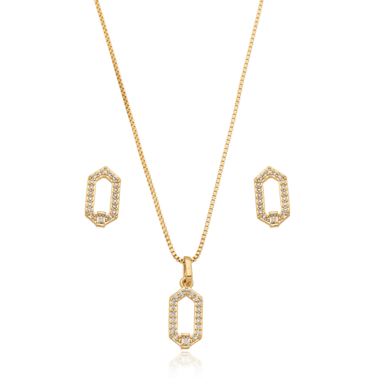 Conjunto de brinco e gargantilha hexagonal com zircônias banhado a ouro 18k