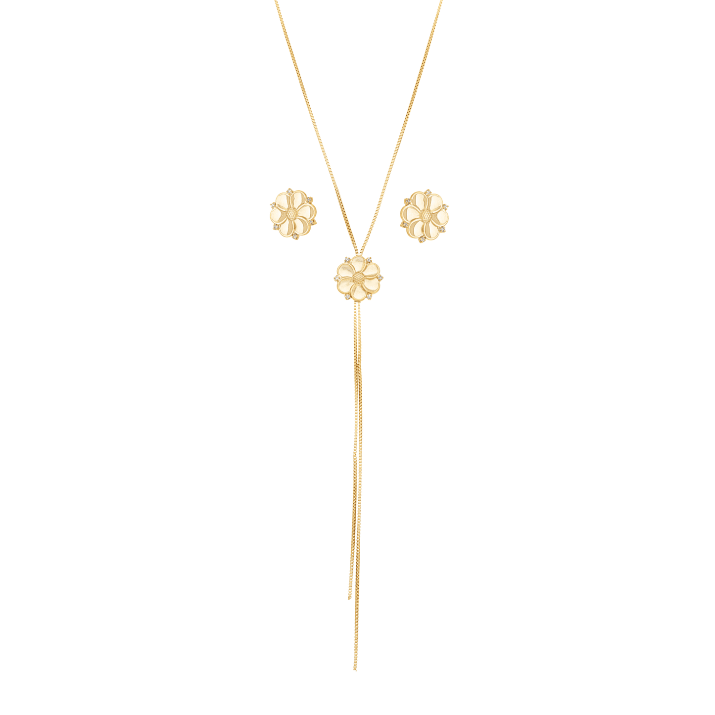 Conjunto flor com zircônias banhado a ouro 18k