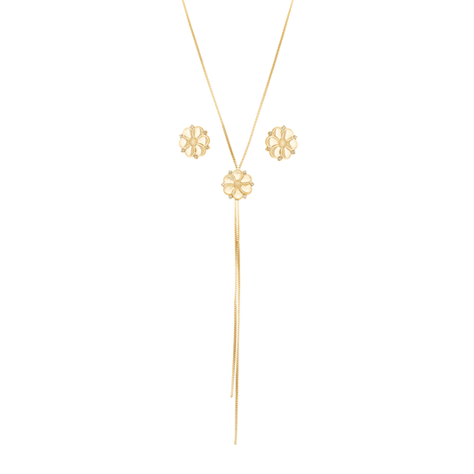 Conjunto flor com zircônias banhado a ouro 18k