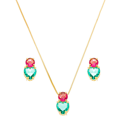 Conjunto de coração com pedras banhado a ouro 18k - Biju & Cia.