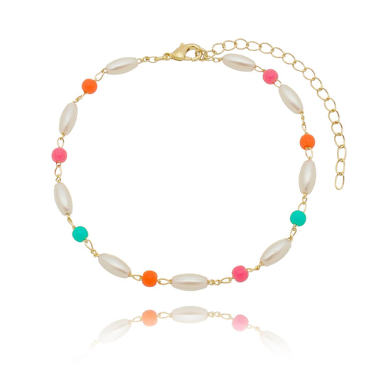 Pulseira pérolas e miçangas coloridas banhada a ouro 18k