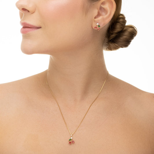 Conjunto cereja com zircônias banhado a ouro 18k