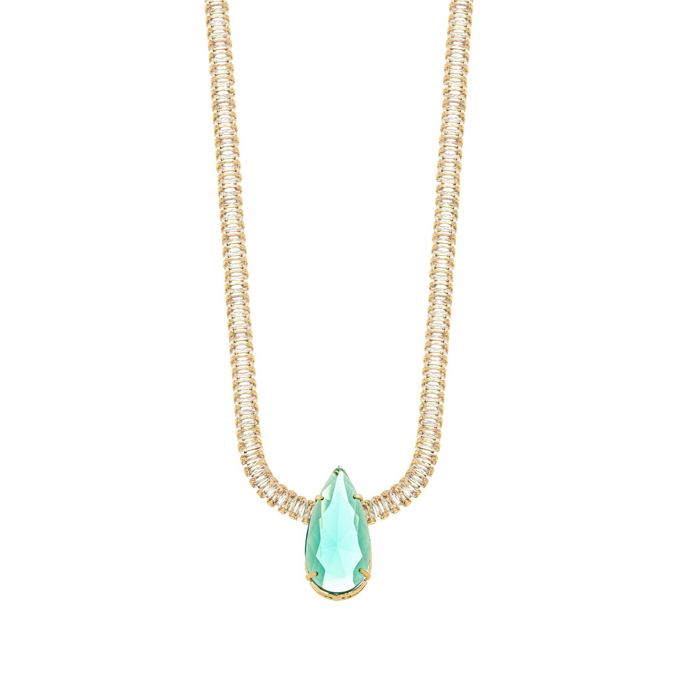 Gargantilha com zircônias baguete e gota com pedra banhada a ouro 18k - Biju & Cia.