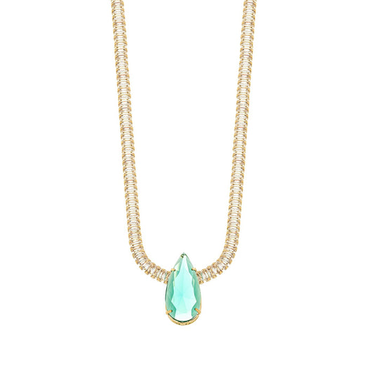 Gargantilha com zircônias baguete e gota com pedra banhada a ouro 18k - Biju & Cia.