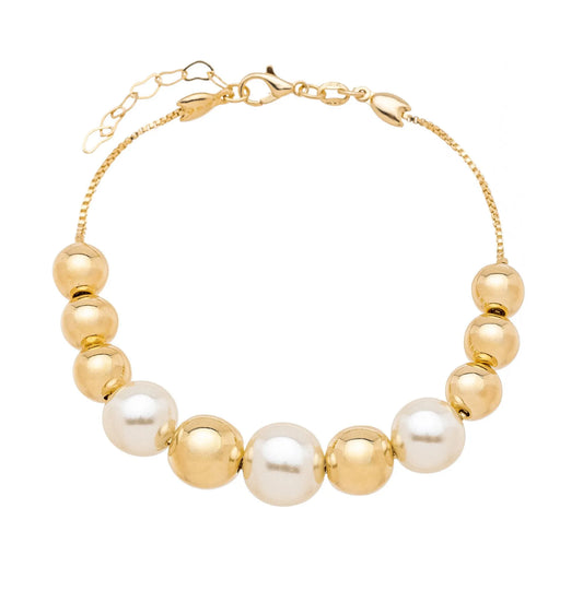 Pulseira bolas e pérolas banhada a ouro 18k