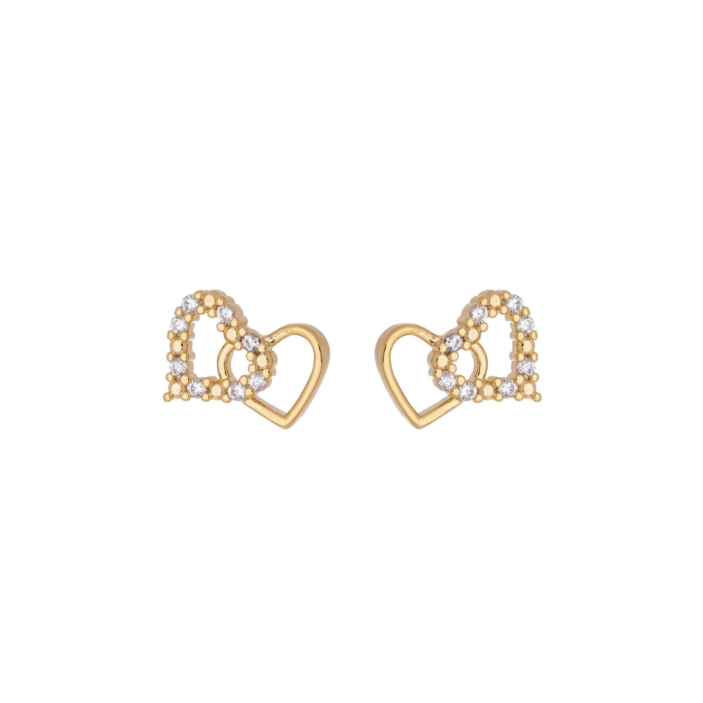 Brinco de dois corações com zircônias banhado a ouro 18k - Biju & Cia.