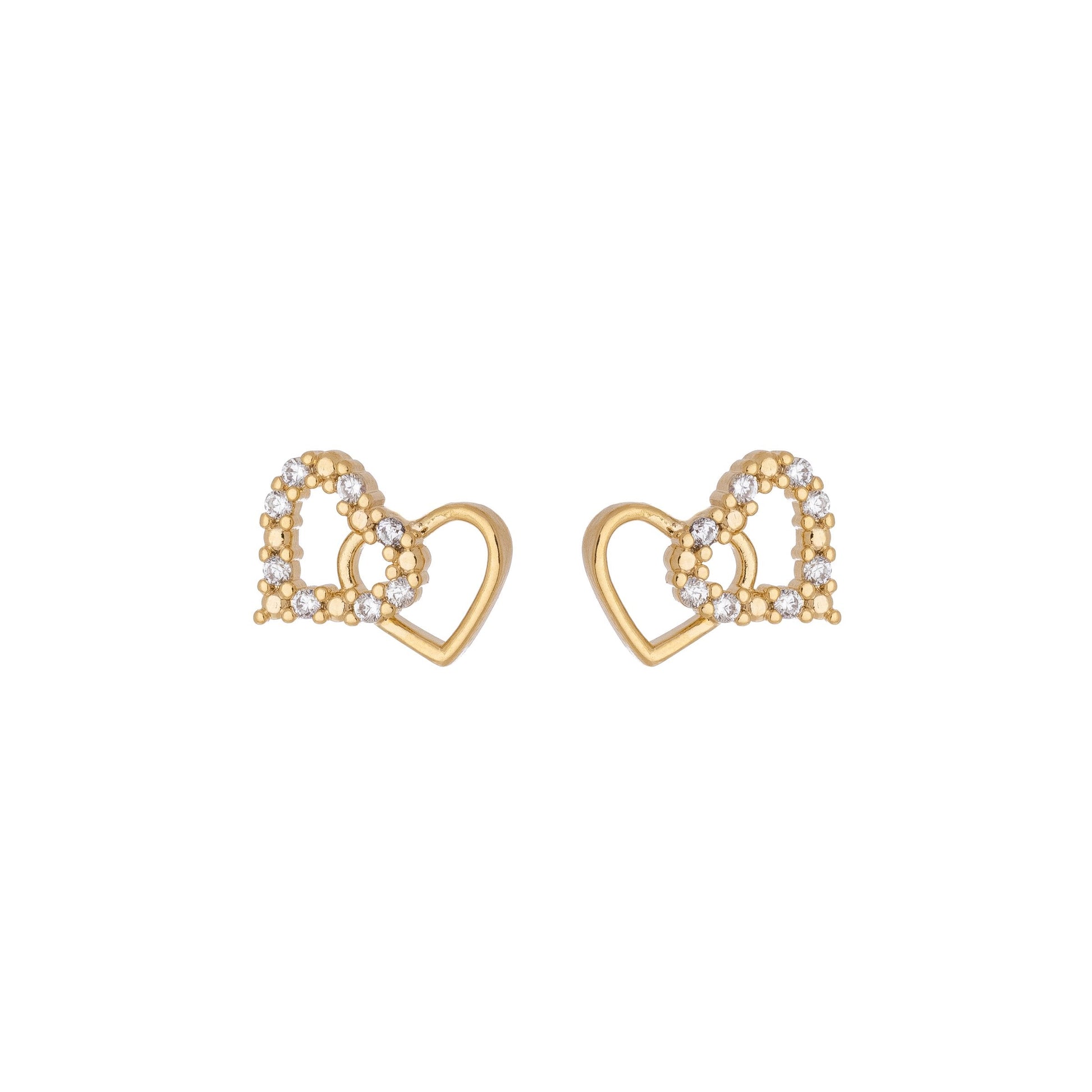 Brinco de dois corações com zircônias banhado a ouro 18k - Biju & Cia.