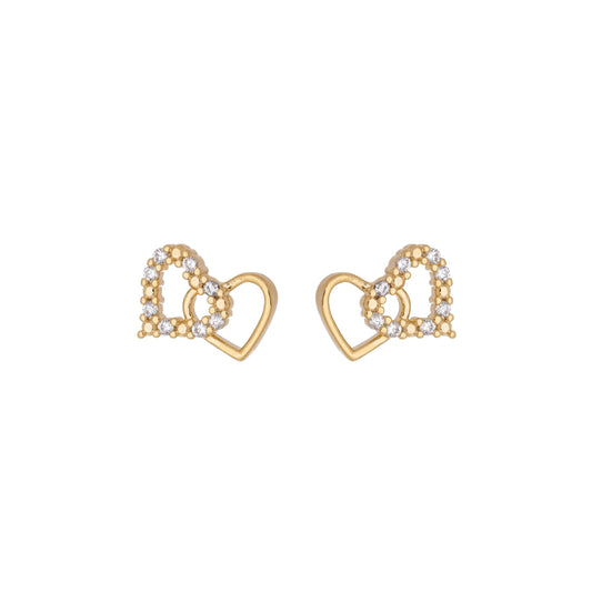 Brinco de dois corações com zircônias banhado a ouro 18k - Biju & Cia.