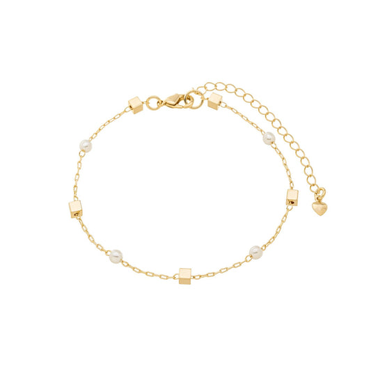 Pulseira pérolas e quadradinhos banhada a ouro 18k