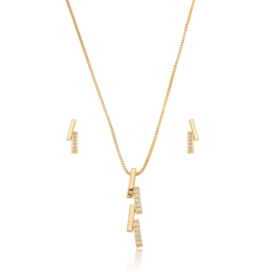 Conjunto de brinco e gargantilha de zircônias banhado a ouro 18k - Biju & Cia.
