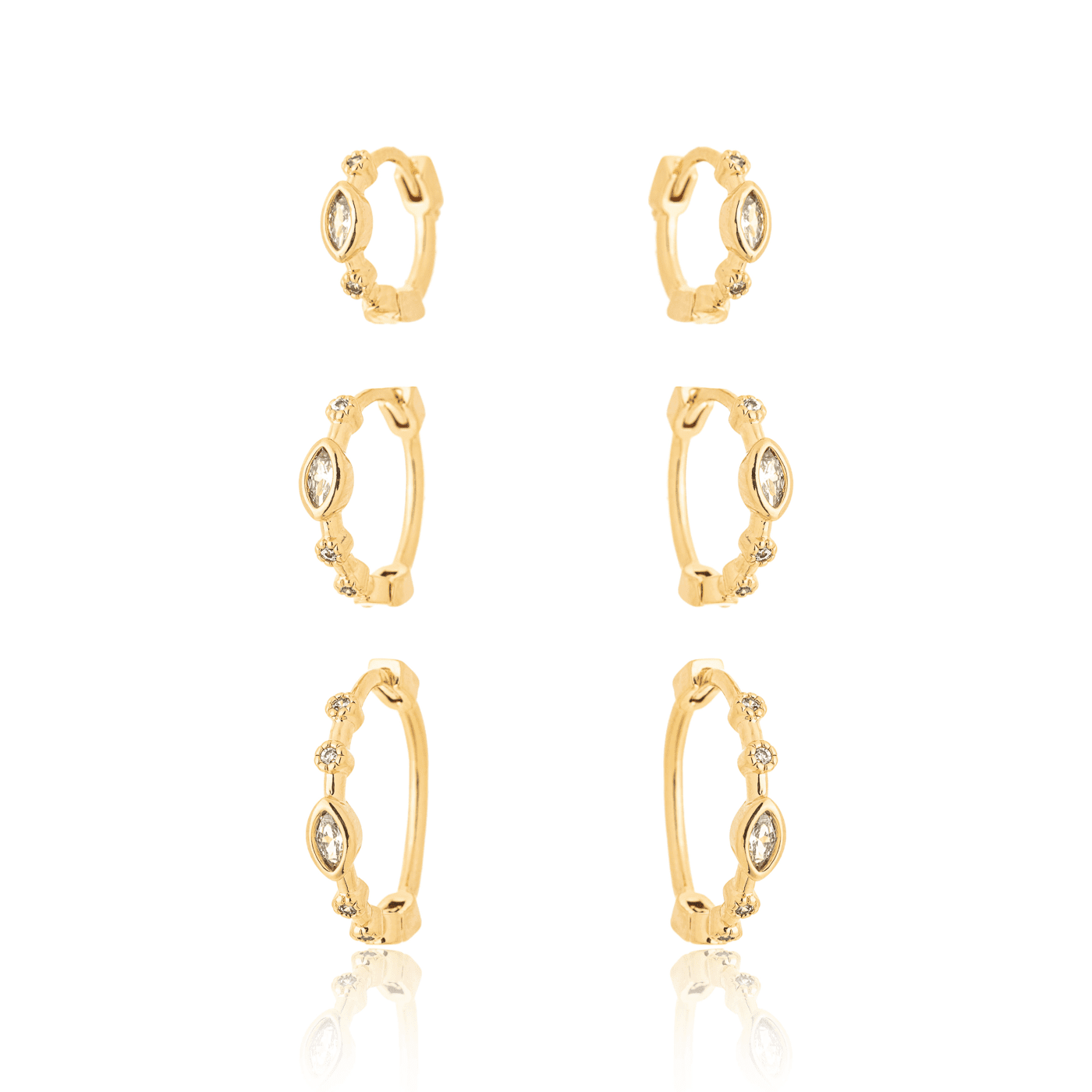 Trio de brincos de argola articulada com zircônias banhado a ouro 18k - Biju & Cia.