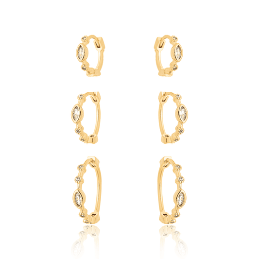 Trio de brincos de argola articulada com zircônias banhado a ouro 18k - Biju & Cia.