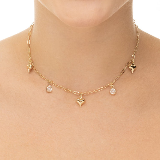 Choker com corações e ponto de luz banhada a ouro 18k