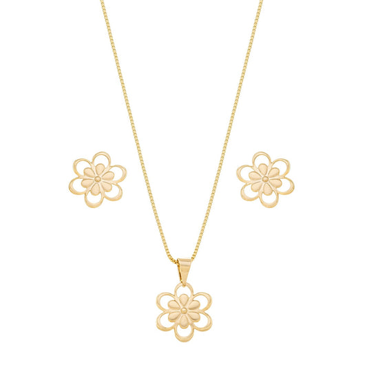 Conjunto flor banhado a ouro 18k