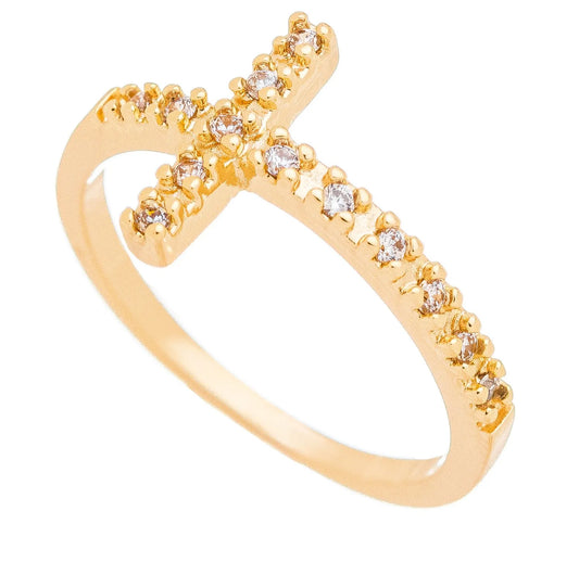 Anel de cruz cravejado com zircônias banhado a ouro 18k - Biju & Cia.