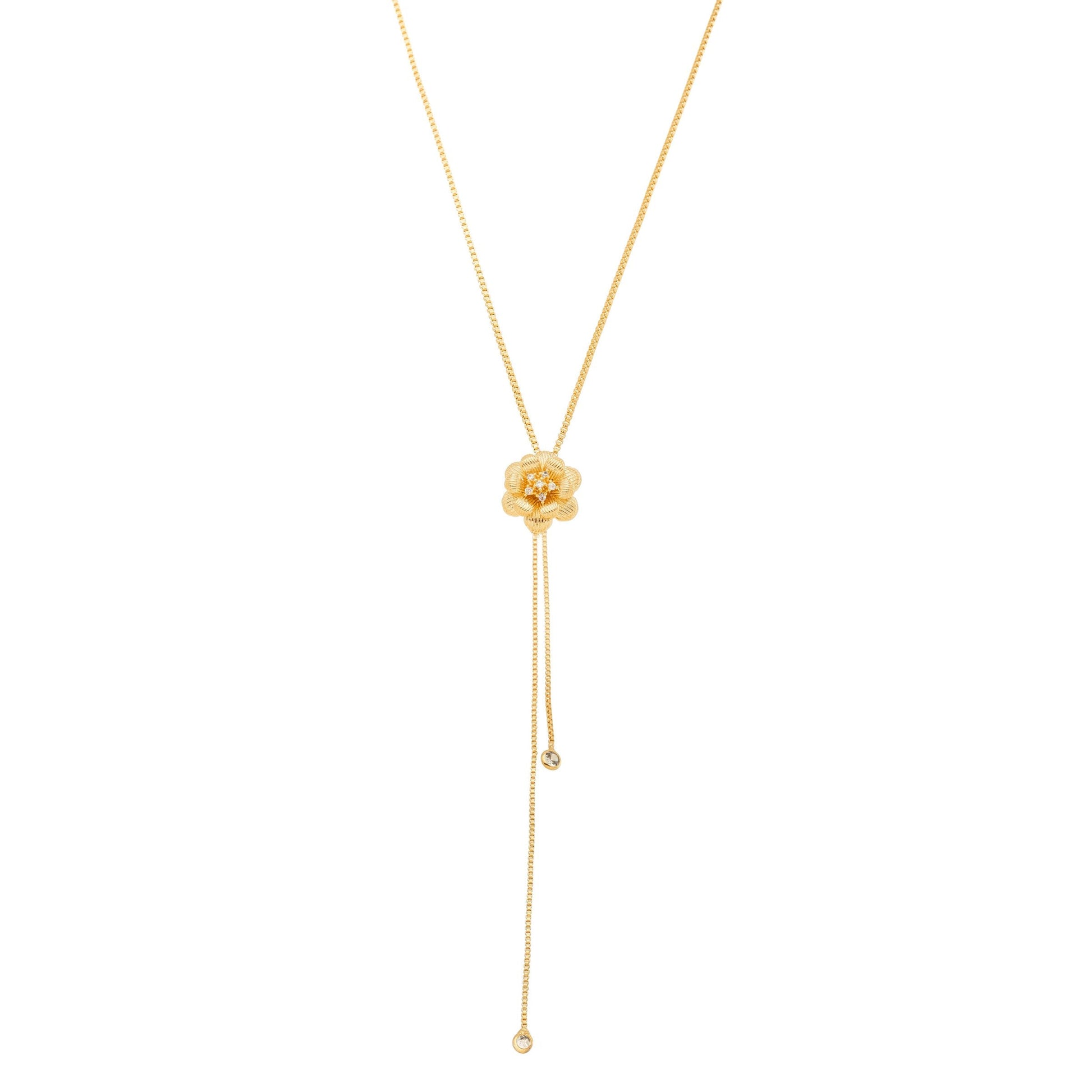 Colar gravata de flor com zircônia banhado a ouro 18k - Biju & Cia.