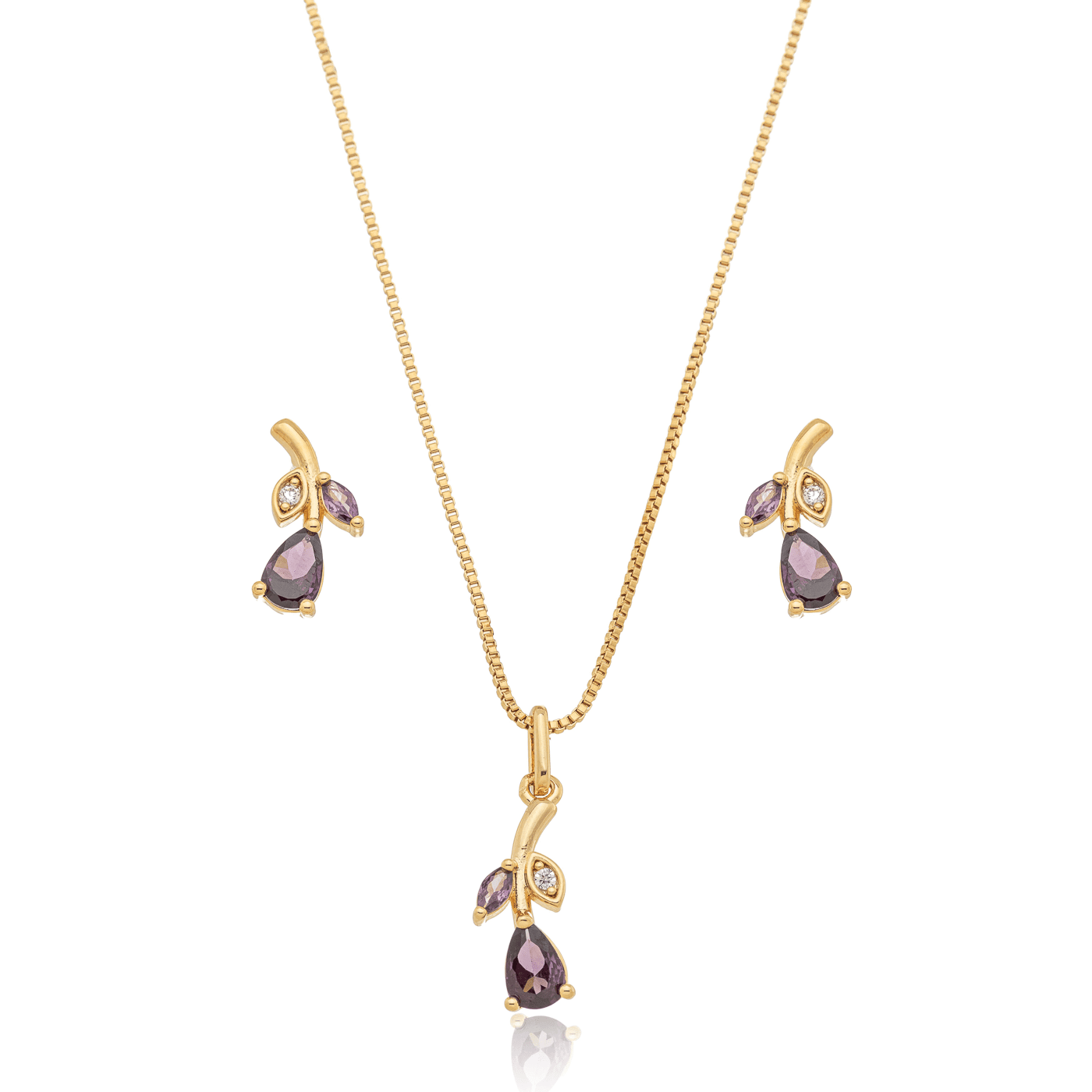 Conjunto de brinco e gargantilha em formato de folha com pedras banhado a ouro 18k