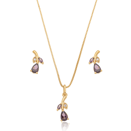 Conjunto de brinco e gargantilha em formato de folha com pedras banhado a ouro 18k