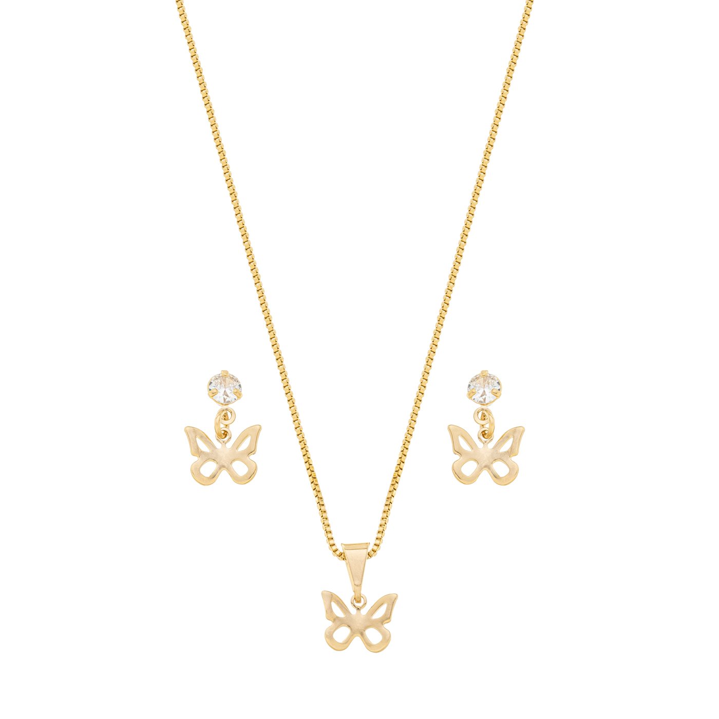 Conjunto borboleta com pedra banhado a ouro 18k