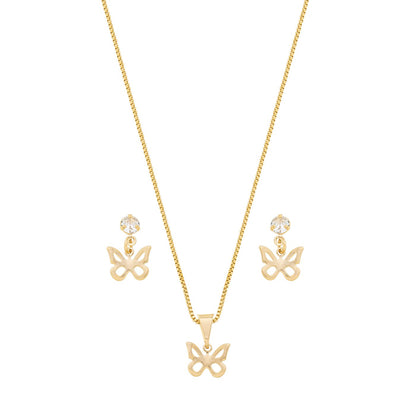 Conjunto borboleta com pedra banhado a ouro 18k